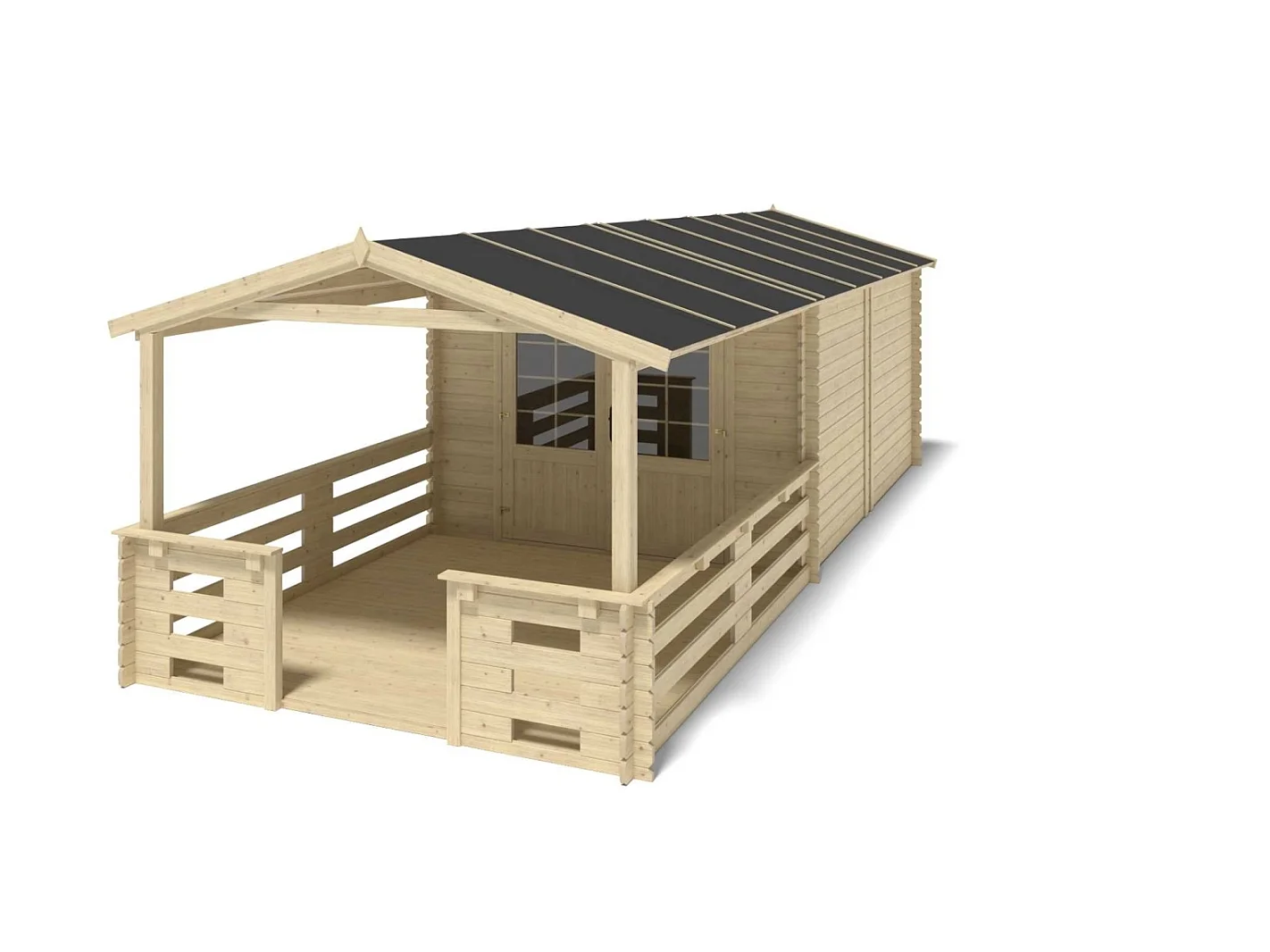 Casetta da giardino in legno con veranda e tettoia - 21.00m2 - 3.00x4.00m - 28mm - colore: naturale - DOM661+DOM394+DOM395+POD04 - ALTANKA