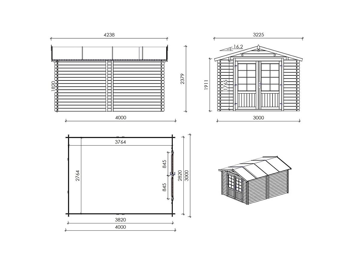 Casetta da giardino in legno con veranda e tettoia - 21.00m2 - 3.00x4.00m - 28mm - colore: naturale - DOM661+DOM394+DOM395+POD04 - ALTANKA