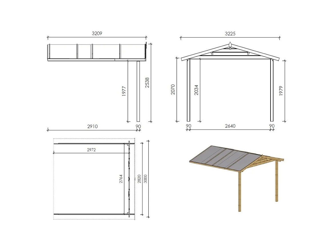 Casetta da giardino in legno con veranda e tettoia - 21.00m2 - 3.00x4.00m - 28mm - colore: naturale - DOM661+DOM394+DOM395+POD04 - ALTANKA