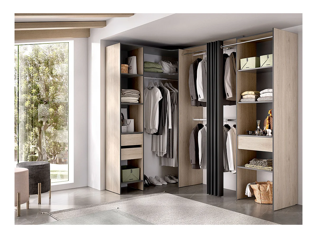 Vestidor Completo Rinconero Con Cajones Pergamo - Grafito / Natural