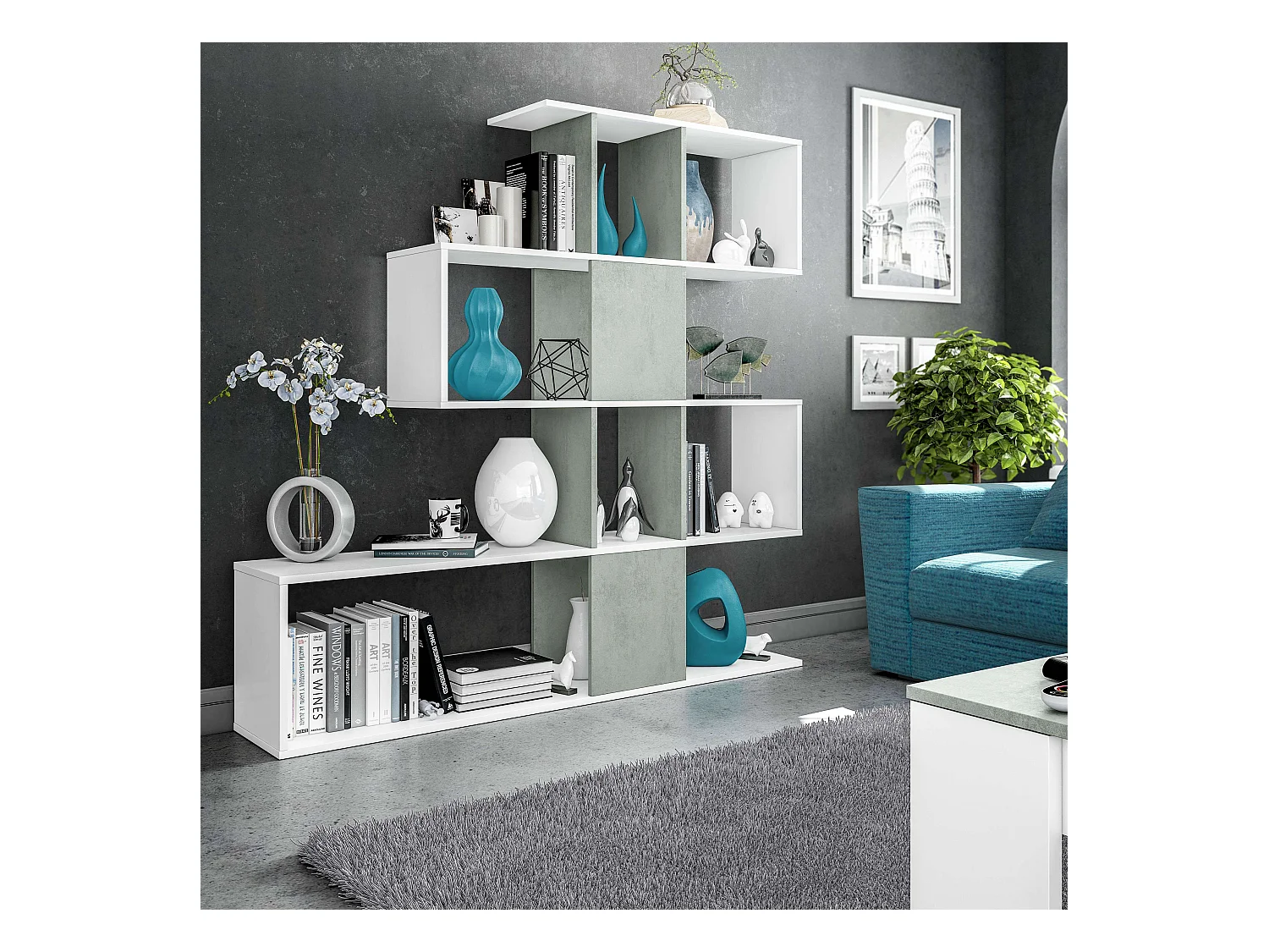 Étagère Separante Otilia - Blanc / Ciment