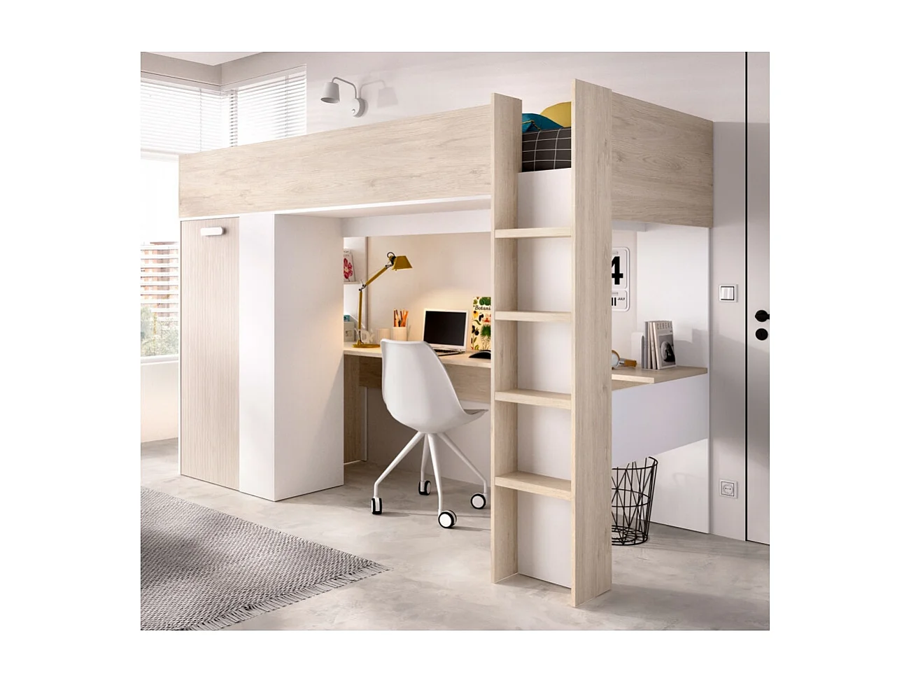 Cama Alta Con Escritorio Y Armario Biniki