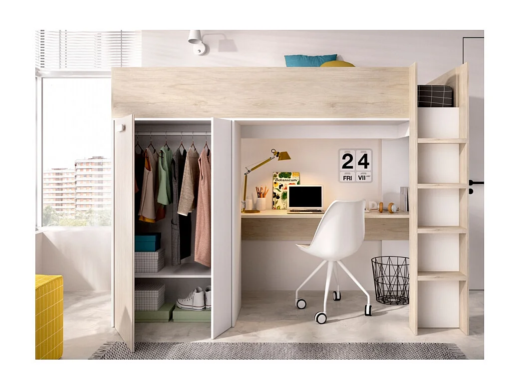 Cama Alta Con Escritorio Y Armario Biniki