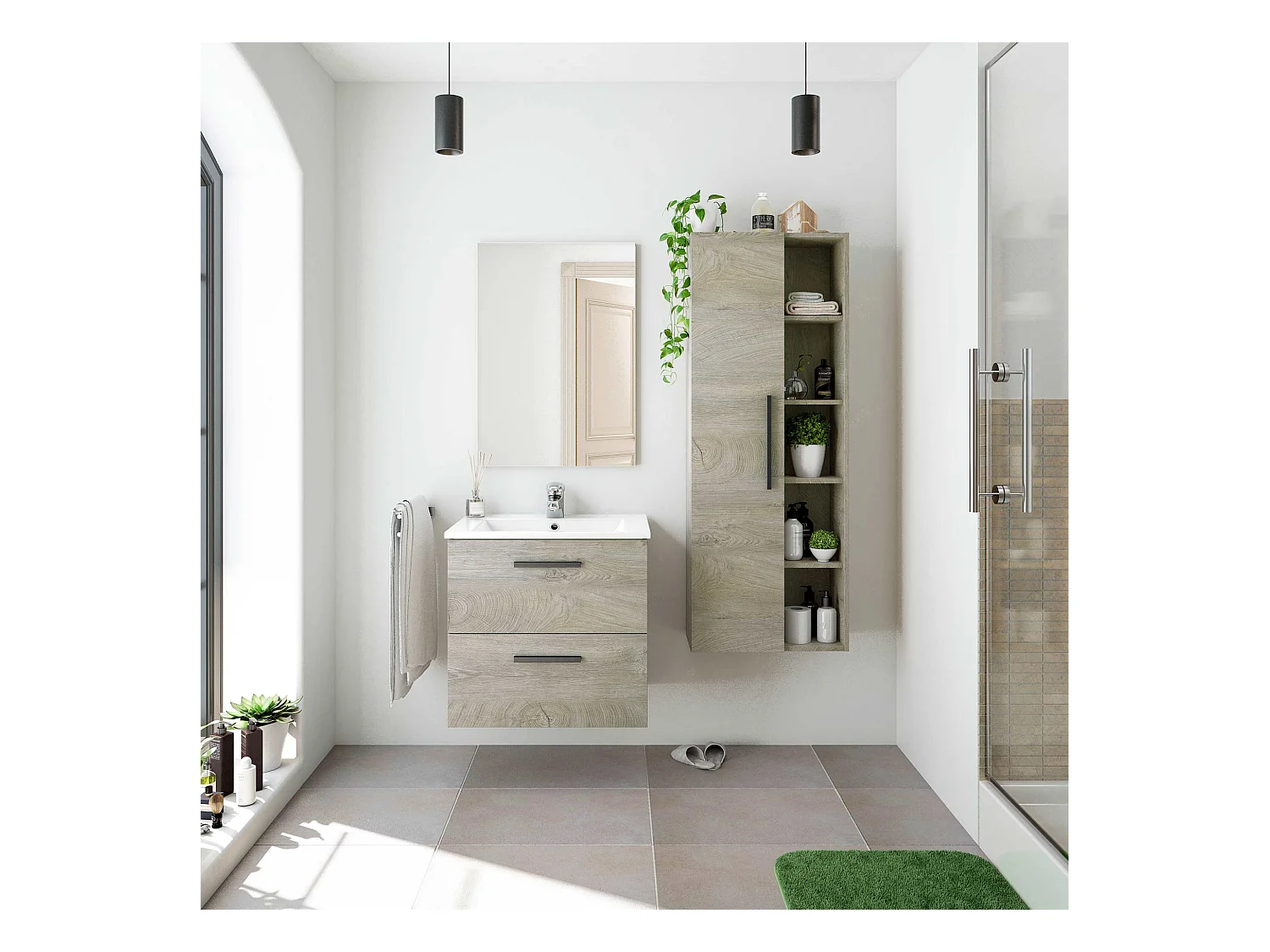 Mueble de baño con 2 cajones y espejo