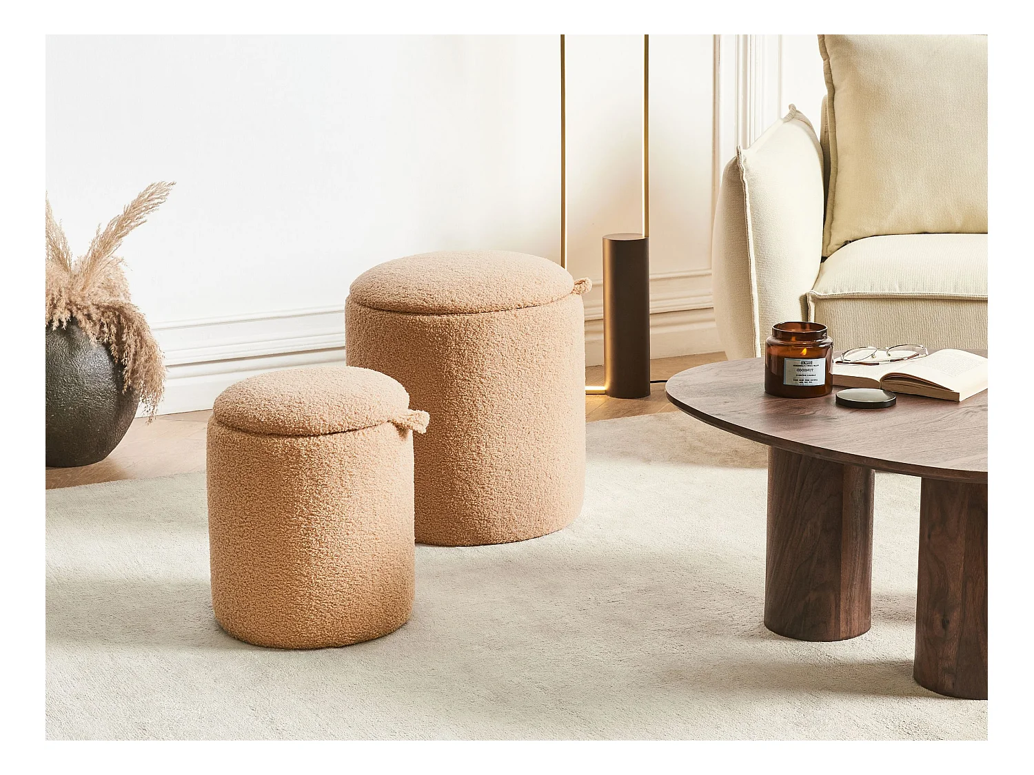 Conjunto de 2 pufs con almacenaje BEREA Bouclé Marrón claro 30/40 cm 30/40 cm 37/46 cm