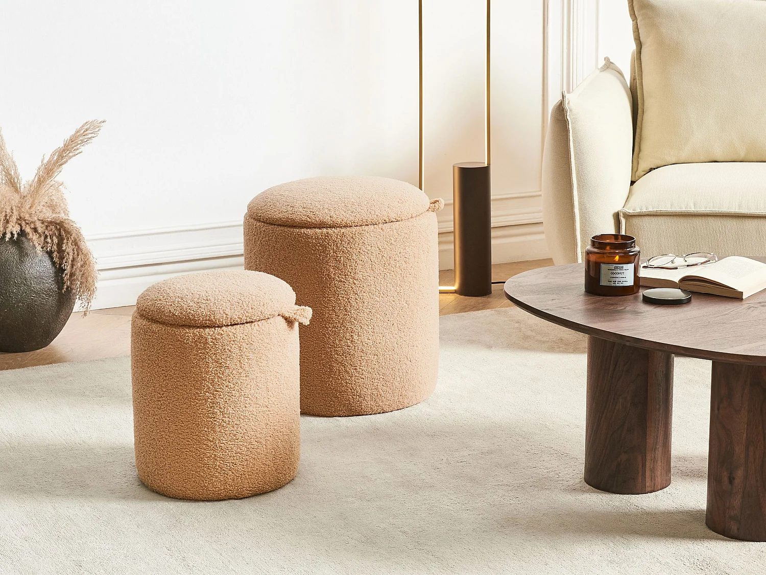 Lot de 2 poufs avec rangement BEREA Bouclé Marron clair