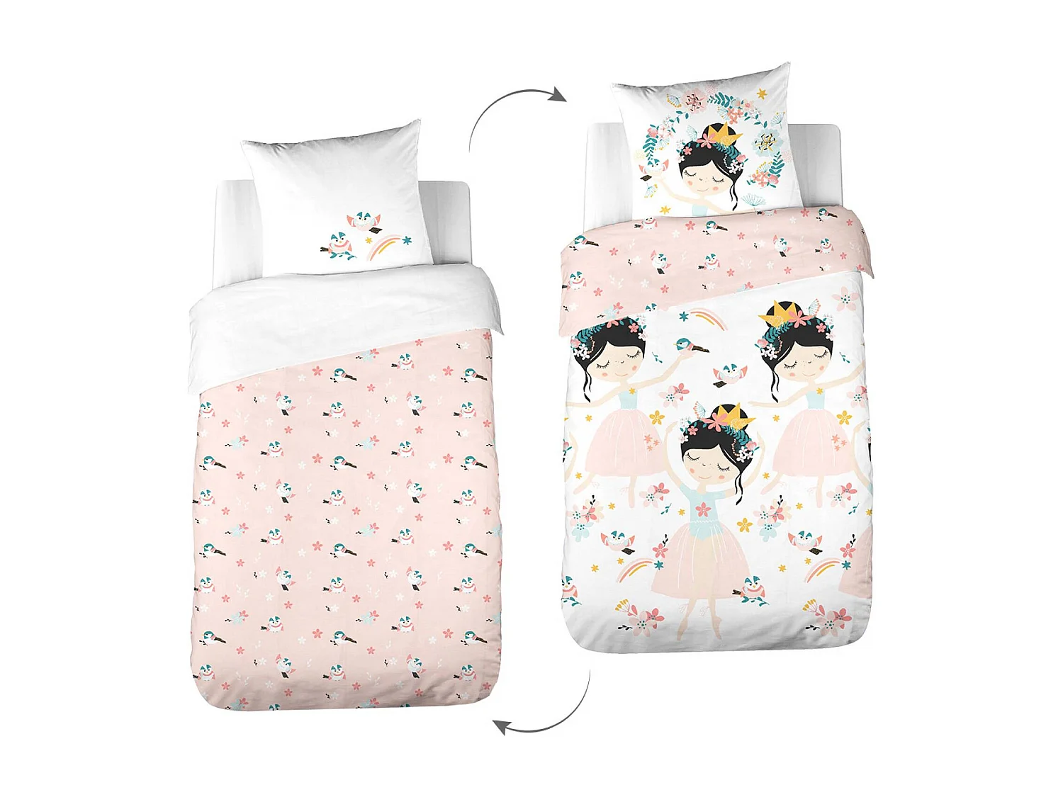 Parure de lit réversible 1 place imprimé princesse et oiseaux en polycoton. 1 housse de couette et 1 oreiller