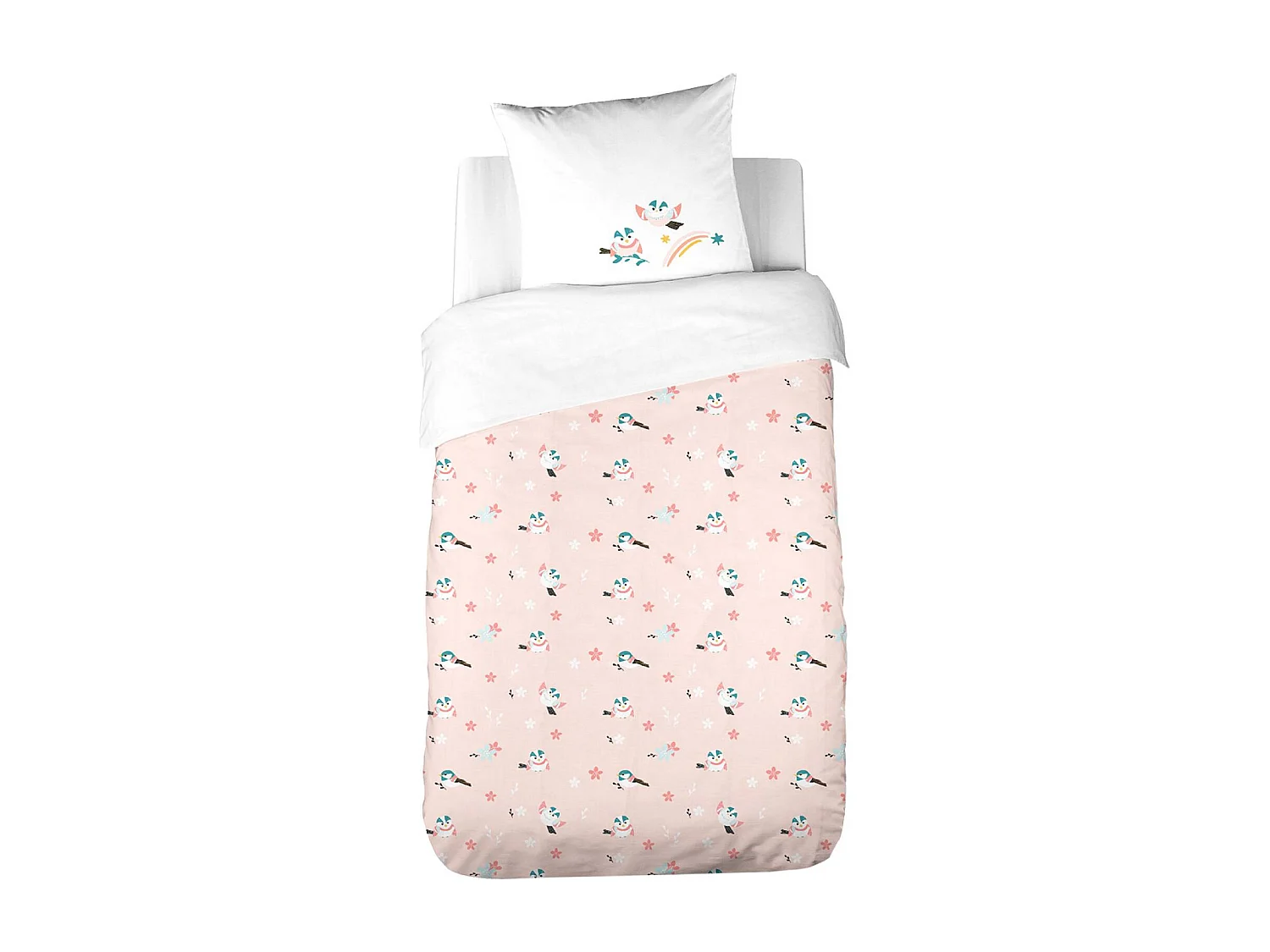 Parure de lit réversible 1 place imprimé princesse et oiseaux en polycoton. 1 housse de couette et 1 oreiller