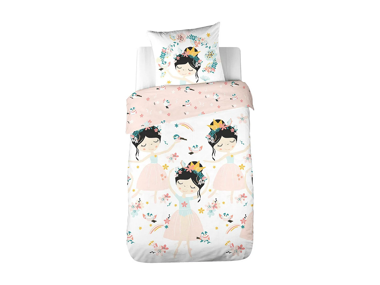 Parure de lit réversible 1 place imprimé princesse et oiseaux en polycoton. 1 housse de couette et 1 oreiller