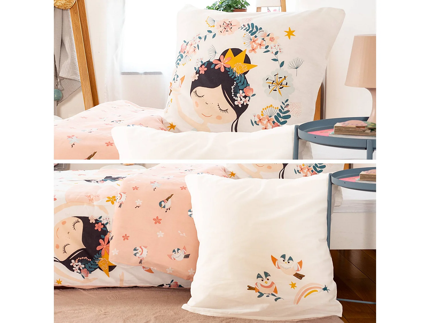 Parure de lit réversible 1 place imprimé princesse et oiseaux en polycoton. 1 housse de couette et 1 oreiller