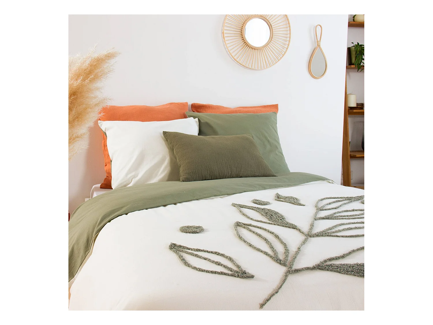 Juego de funda nórdica de algodón estampado vegetal, 2 plazas