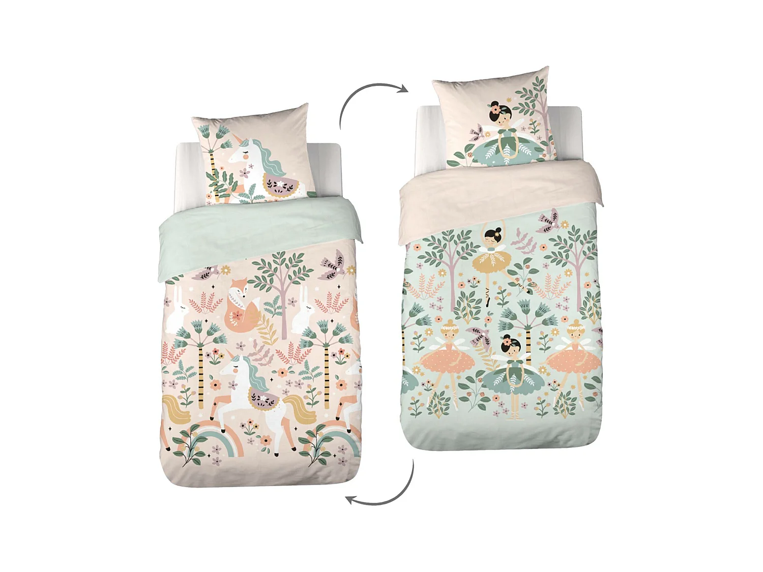 Ropa de cama de algodón reversible estampado unicornio/bailarina, 1