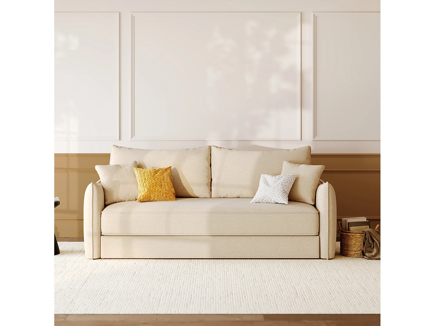 Sofá cama de 3 plazas en tela efecto lino blanco roto - Céleste