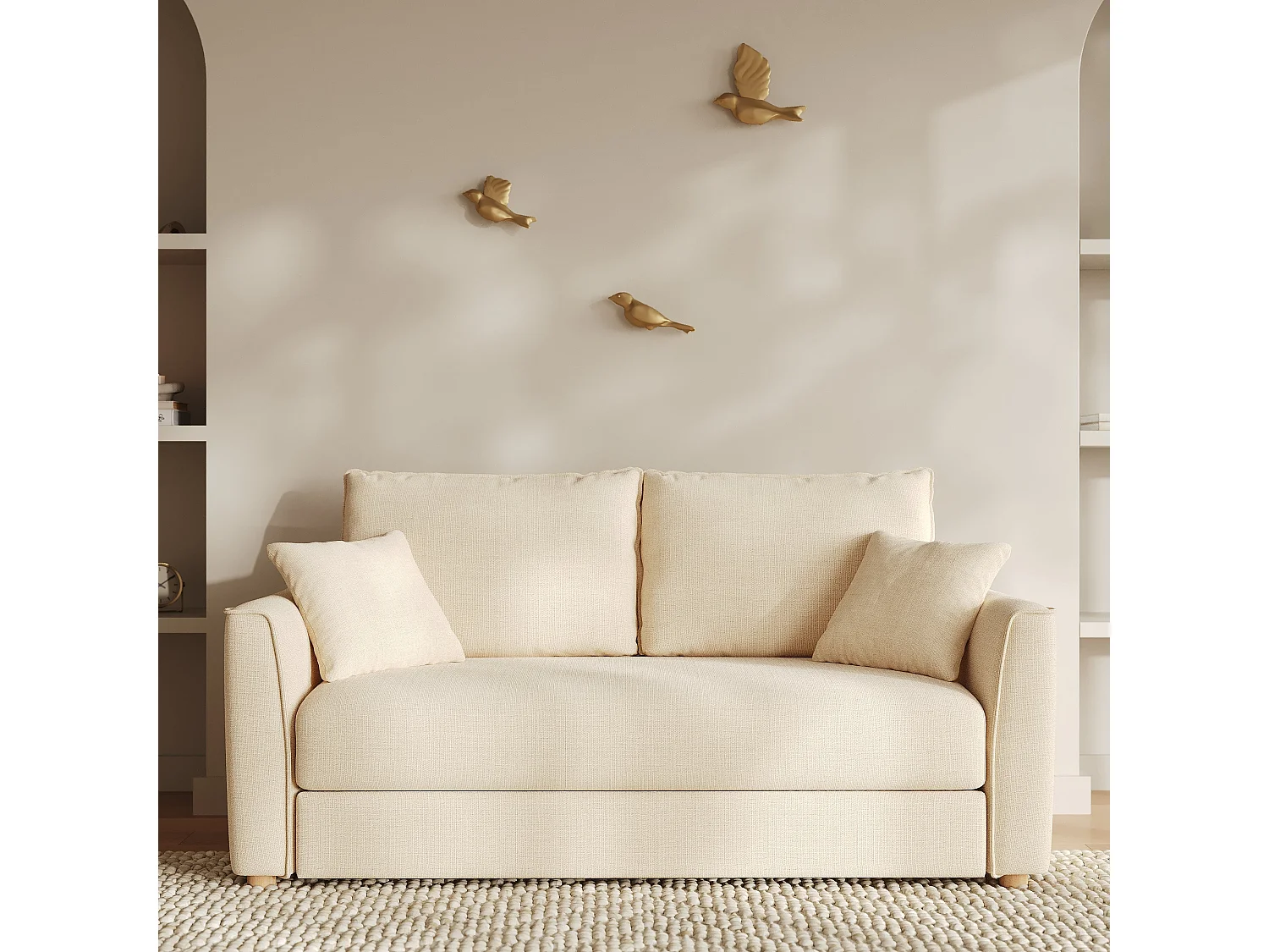 Canapé convertible 2 places en tissu texturé beige - Olympe