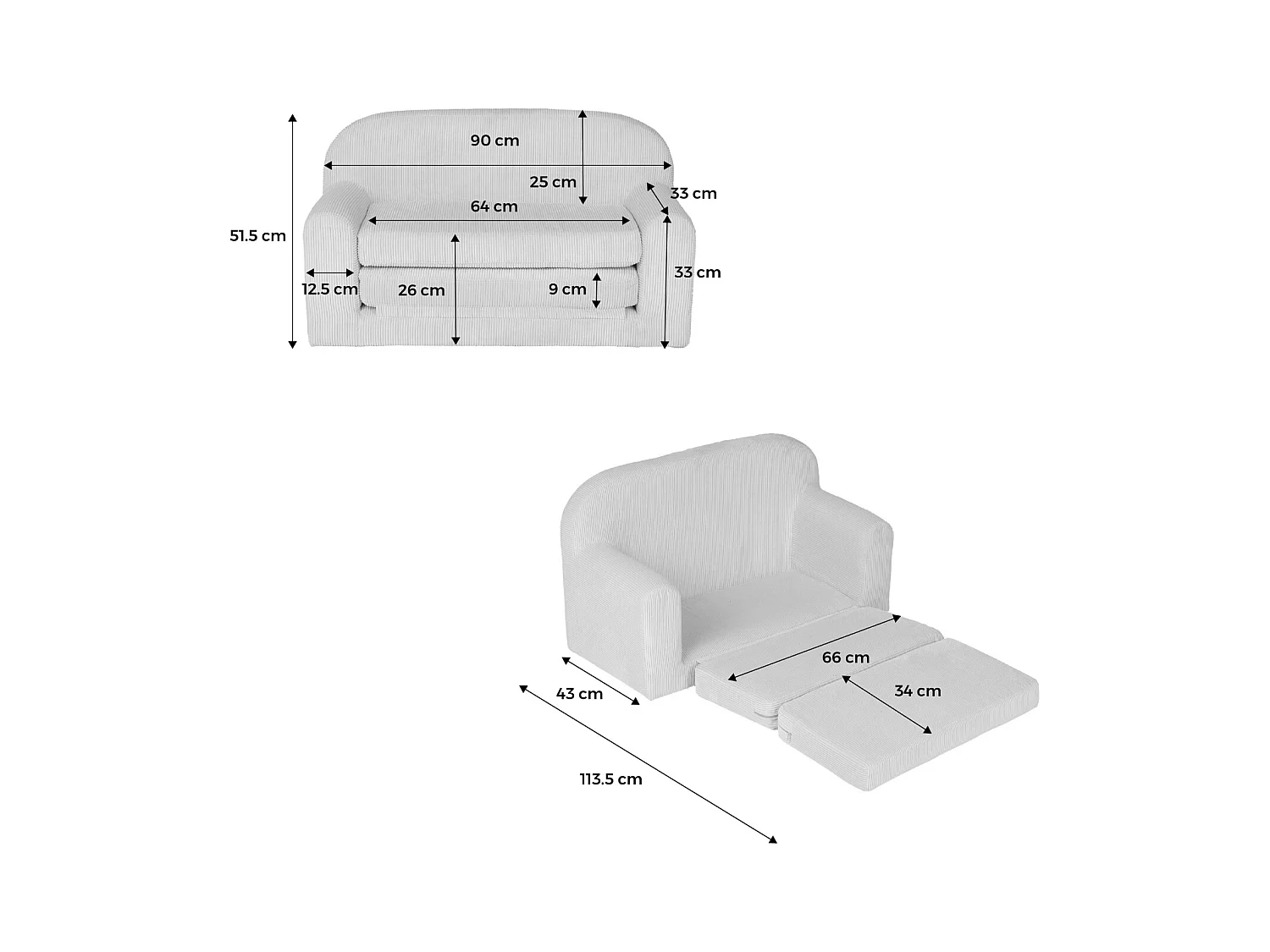 Sofá cama infantil de pana desplegable crema