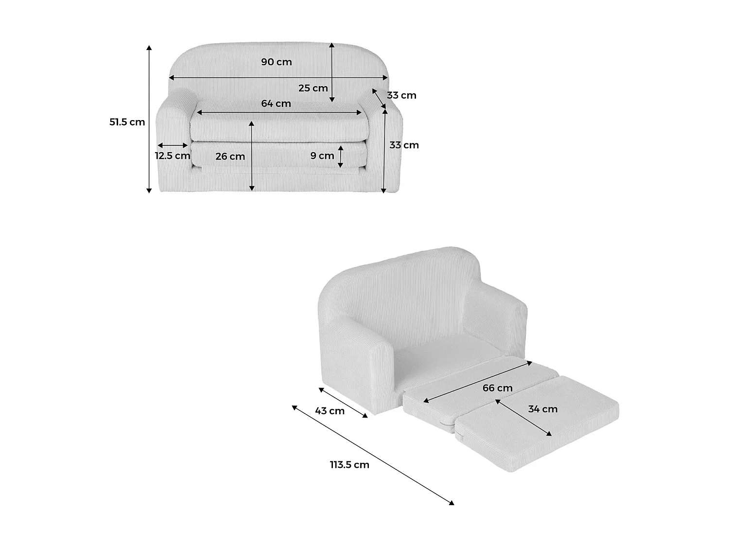 Sofá cama infantil de pana desplegable crema