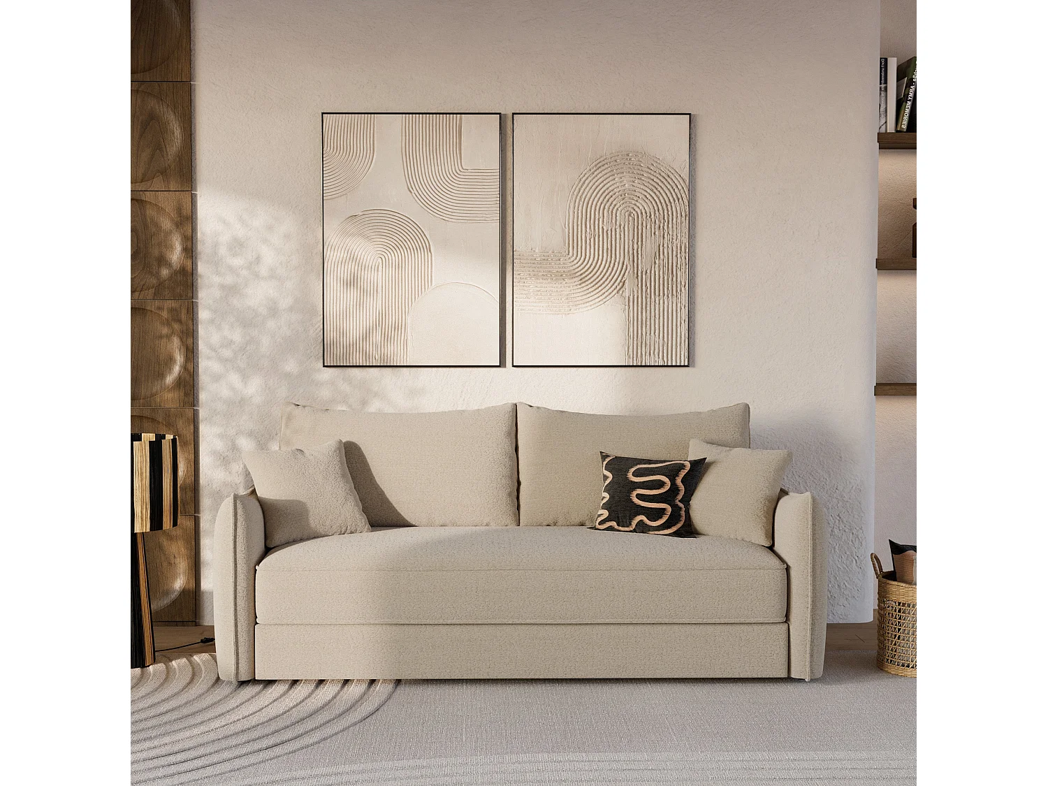 Divano letto 3 posti in tessuto effetto lino beige - Céleste