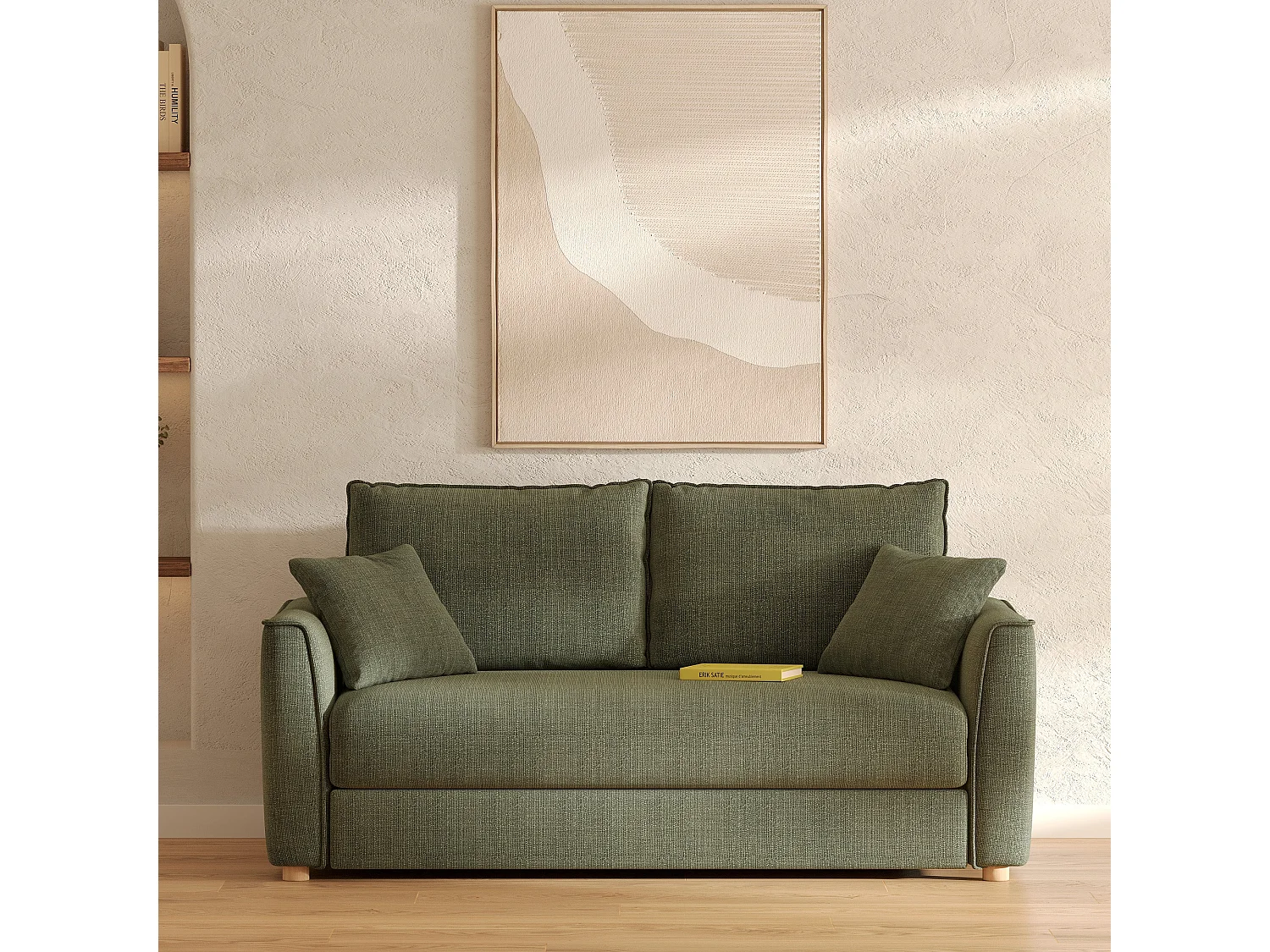 Canapé convertible 2 places en tissu texturé vert kaki - Olympe