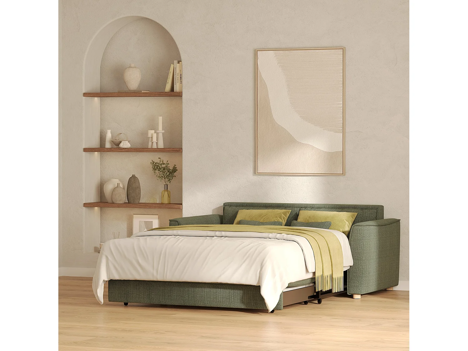 Canapé convertible 2 places en tissu texturé vert kaki - Olympe