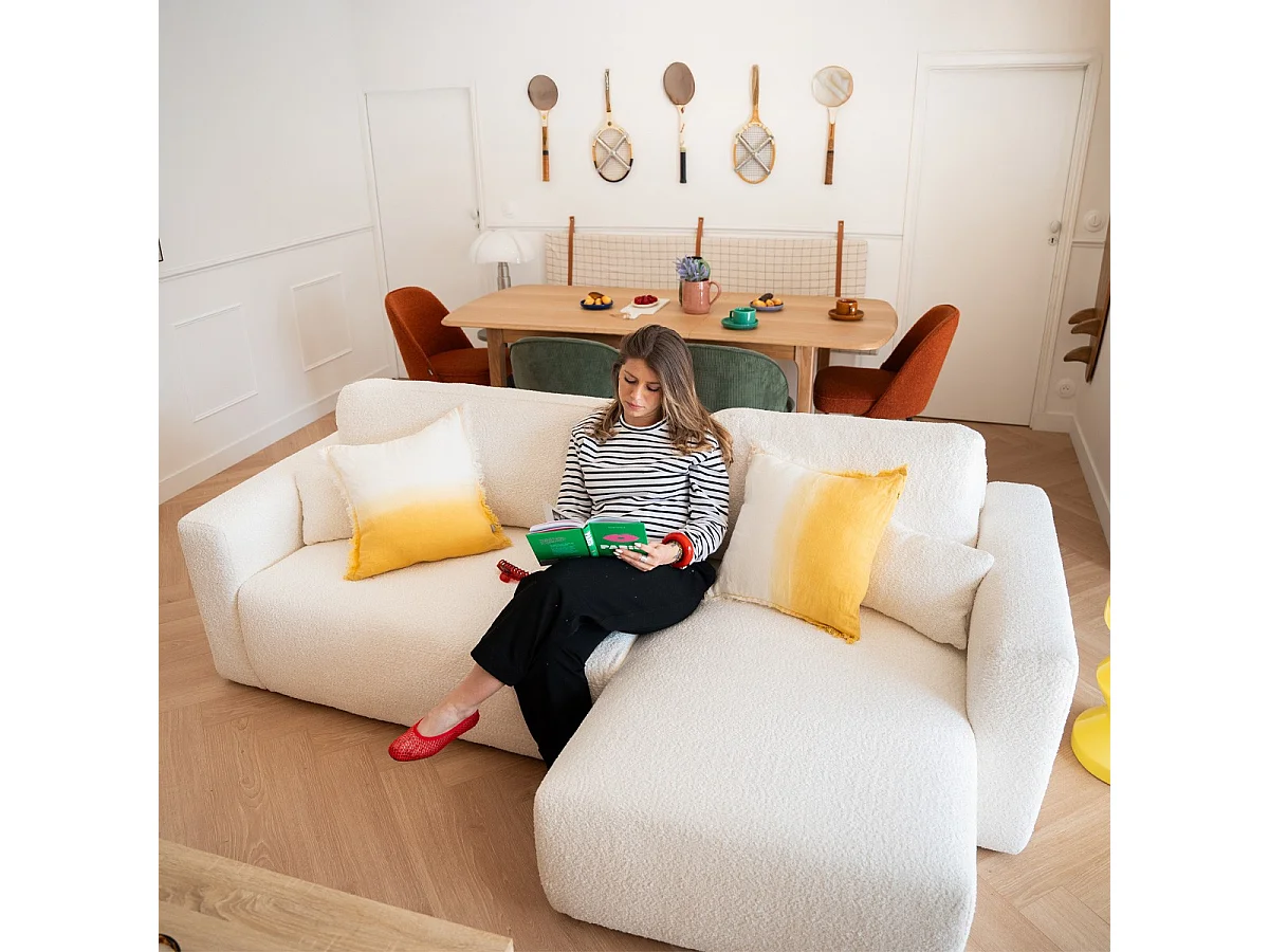 Canapé d'angle réversible convertible 4 places avec coffre de rangement en tissu bouclé beige - Davis