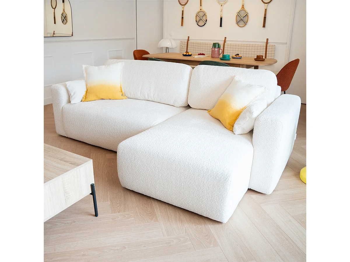 Canapé d'angle réversible convertible 4 places avec coffre de rangement en tissu bouclé beige - Davis