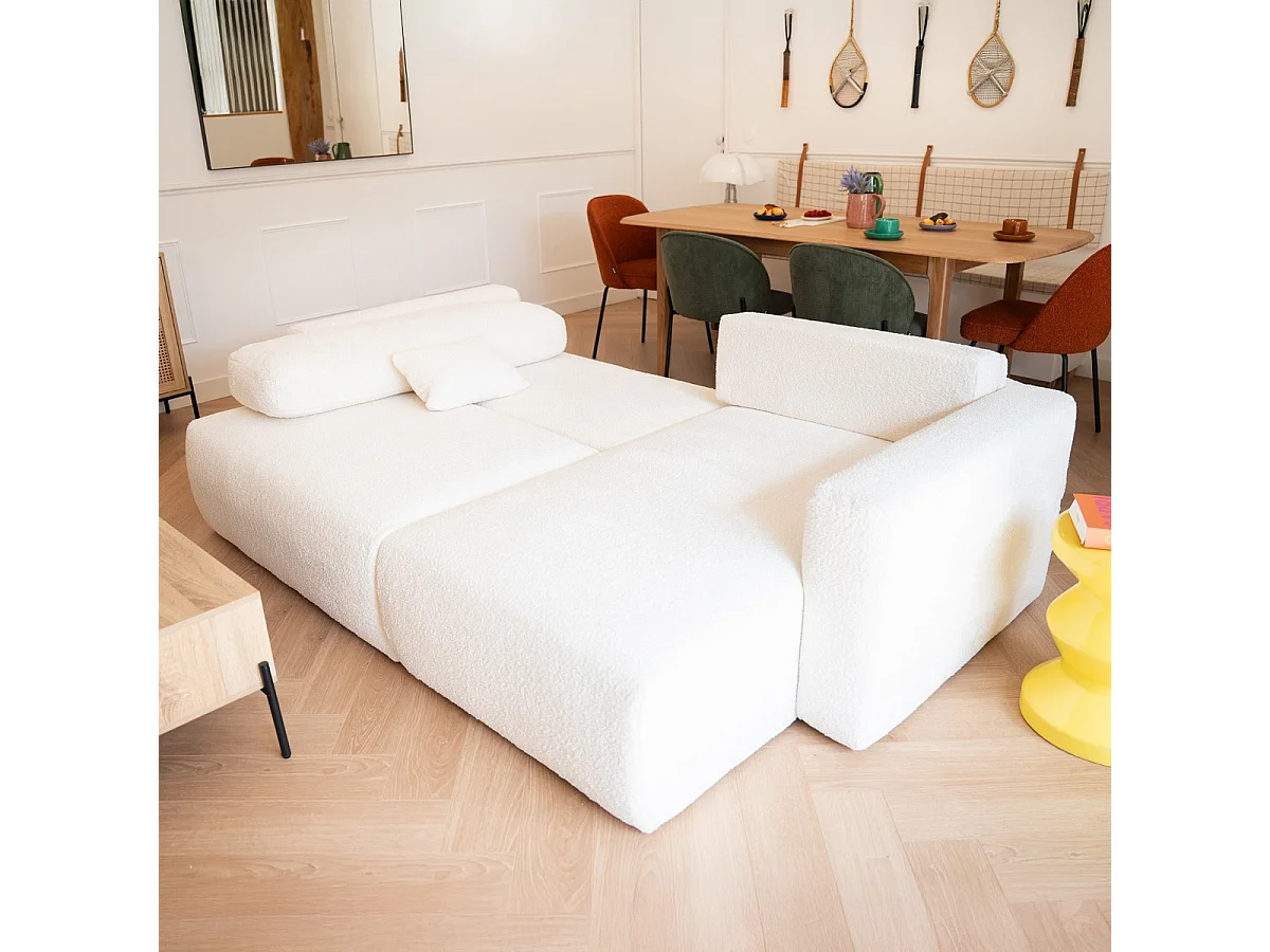 Canapé d'angle réversible convertible 4 places avec coffre de rangement en tissu bouclé beige - Davis