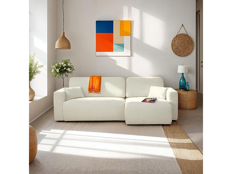 Canapé d'angle réversible convertible 4 places avec coffre de rangement en tissu bouclé beige - Davis