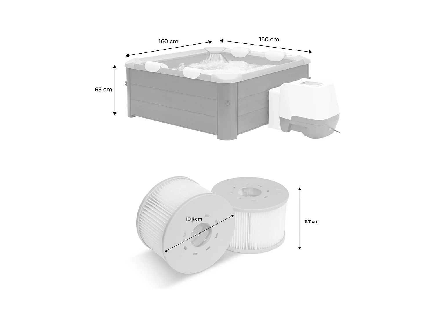 Spa rigide 6 places hydromassages. 4 coussins + 8 filtres + bâche incluse. OSLO SAPPHIRE. L 160 x P 160 x H 65 cm