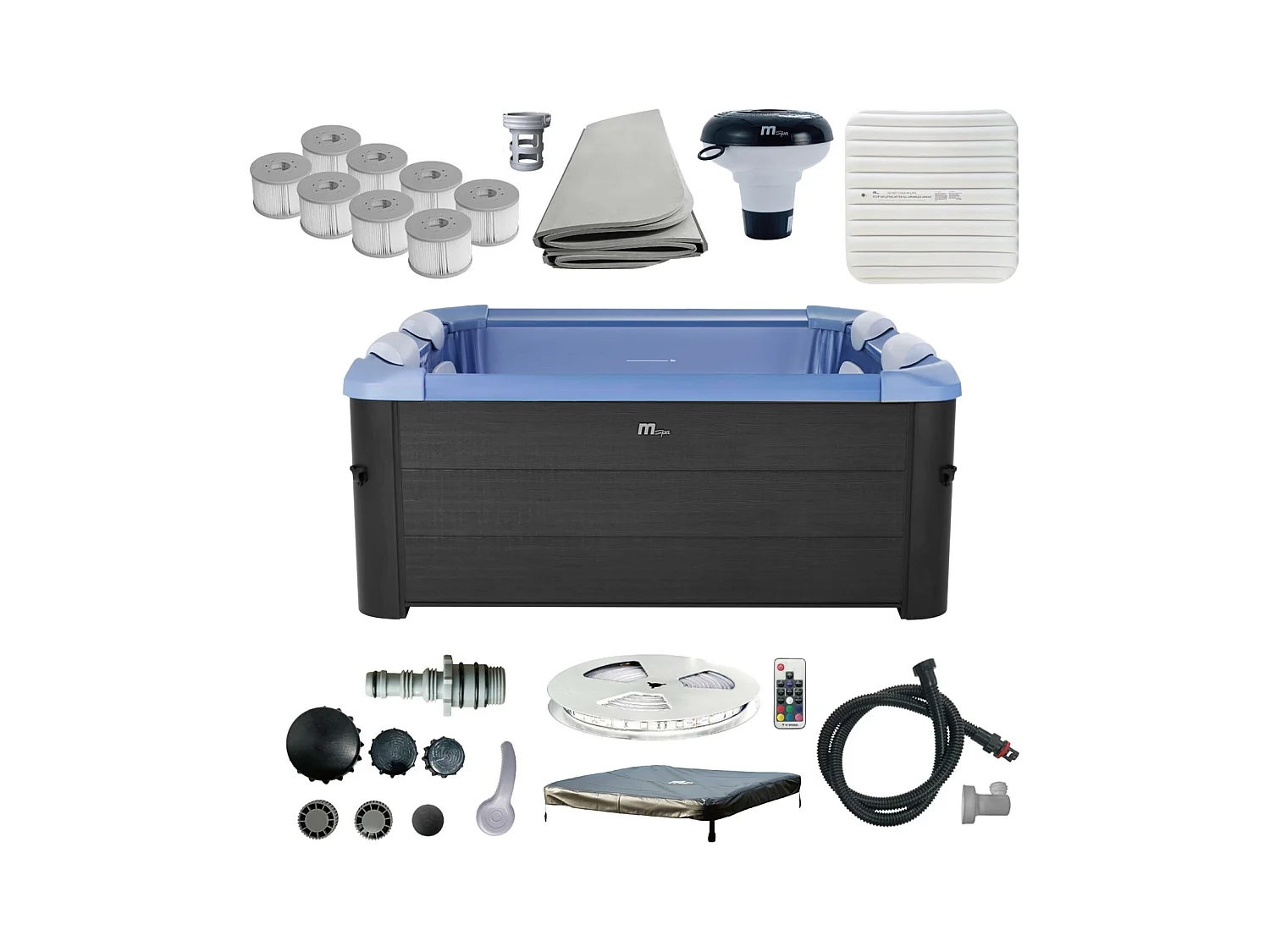 Spa rigide 6 places hydromassages. 4 coussins + 8 filtres + bâche incluse. OSLO SAPPHIRE. L 160 x P 160 x H 65 cm