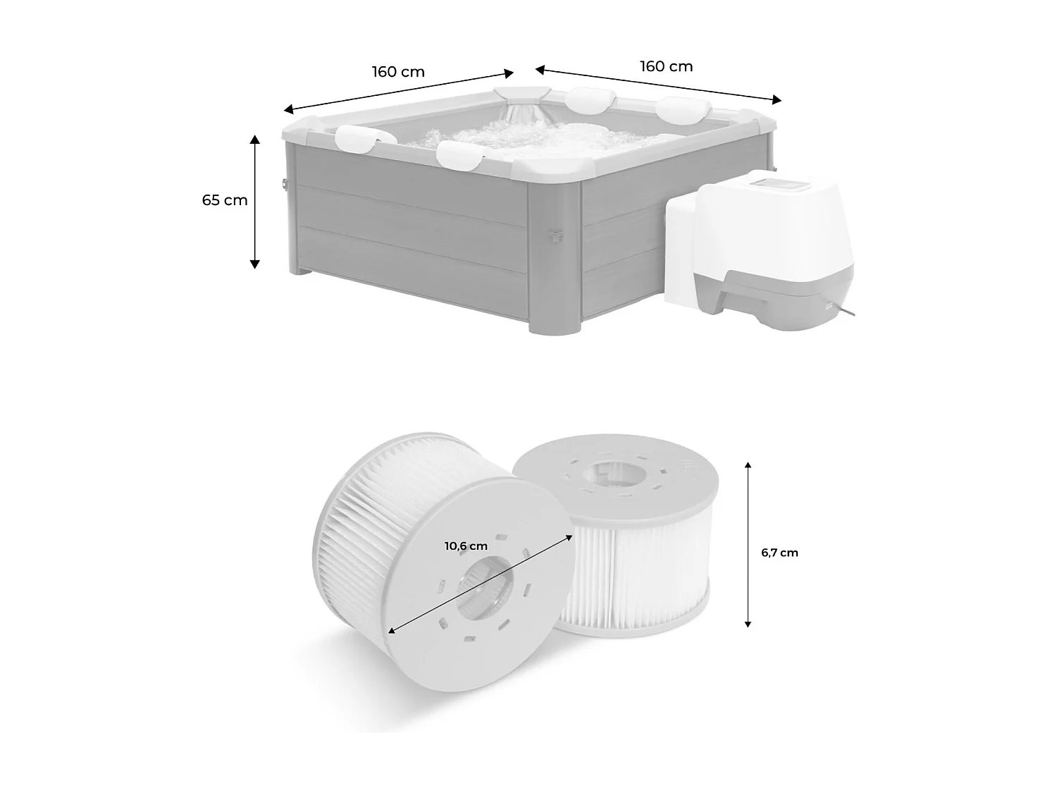 Spa rigide 6 places hydromassages. 4 coussins + 8 filtres + bâche incluse. OSLO SAPPHIRE. L 160 x P 160 x H 65 cm