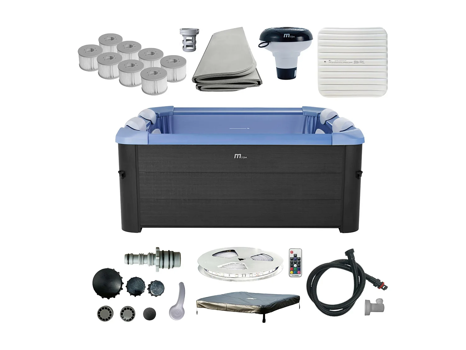 Spa rigide 6 places hydromassages. 4 coussins + 8 filtres + bâche incluse. OSLO SAPPHIRE. L 160 x P 160 x H 65 cm