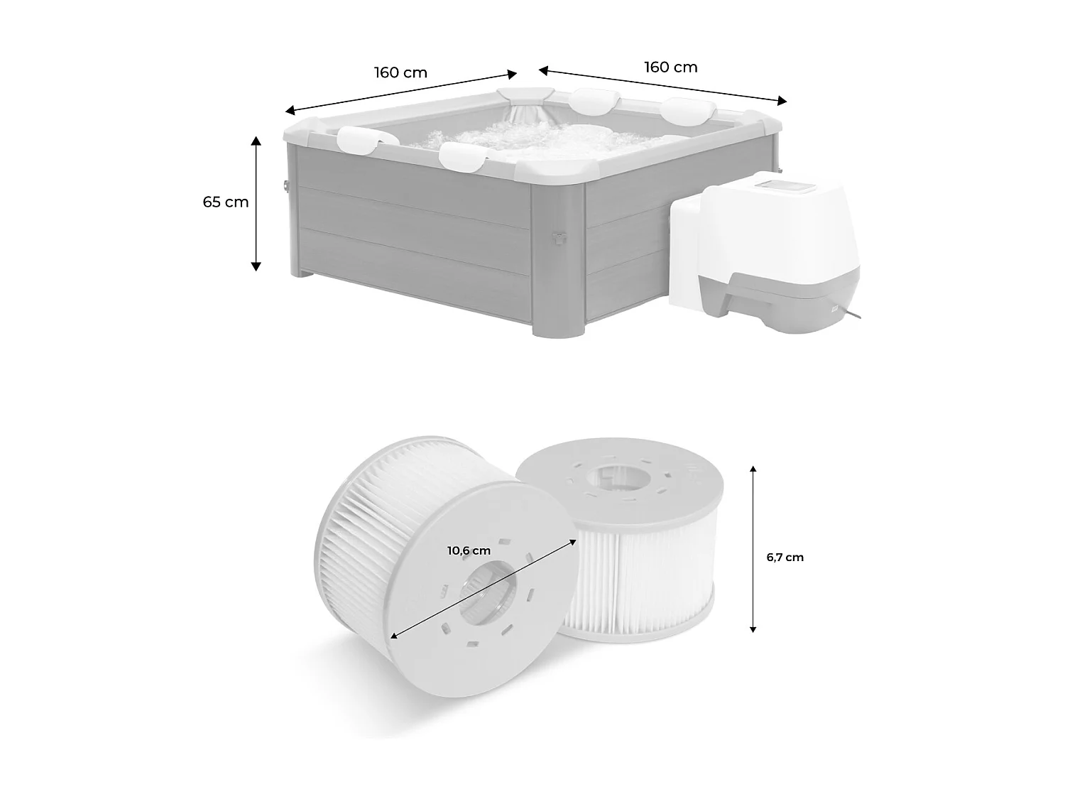 Spa rigide 6 places hydromassages. 4 coussins + 8 filtres + bâche incluse. OSLO SAPPHIRE. L 160 x P 160 x H 65 cm