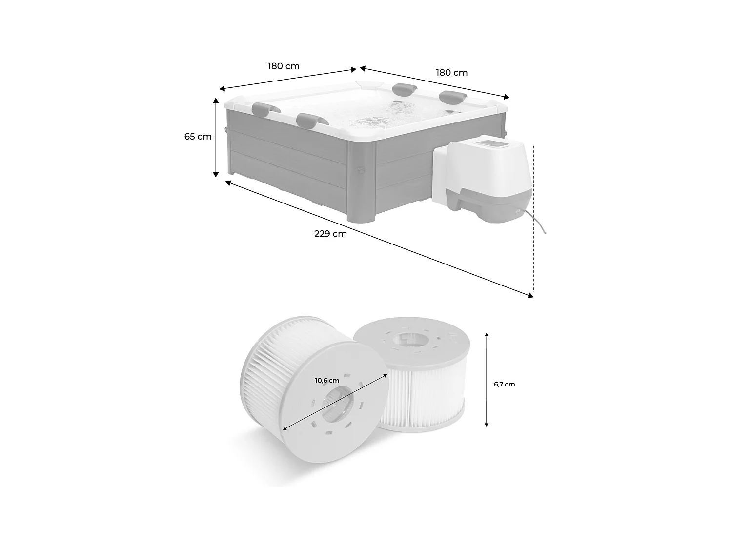 Spa rigide MSPA 6 places 4 coussins hydromassages. 8 filtres + bâche incluse 180 cm x 65 cm