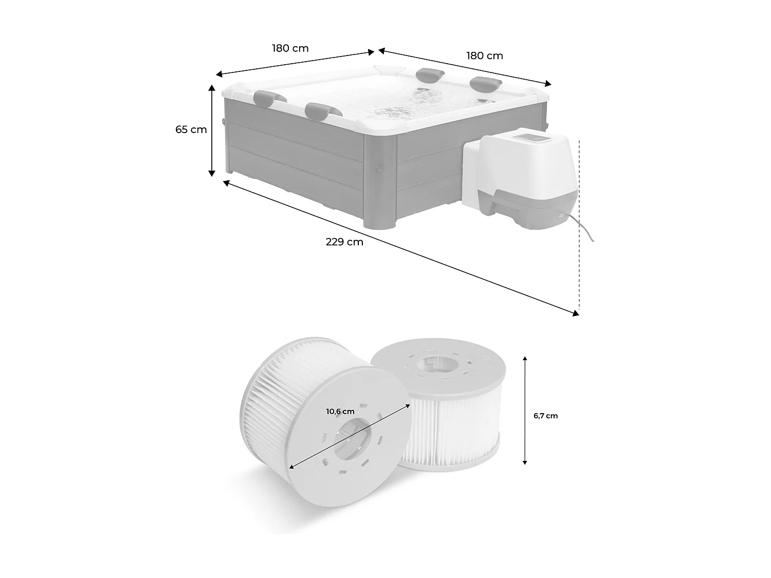 Spa rigide MSPA 6 places 4 coussins hydromassages. 8 filtres + bâche incluse 180 cm x 65 cm