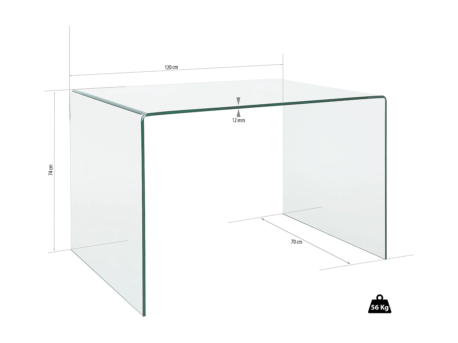 Scrivania Scrittoio da Ufficio Studio Soggiorno in Vetro Curvato Design Curvo Stile Moderno Minimal Chic - Luxury Z-09 - 120 x 74 x 70 cm Trasparente