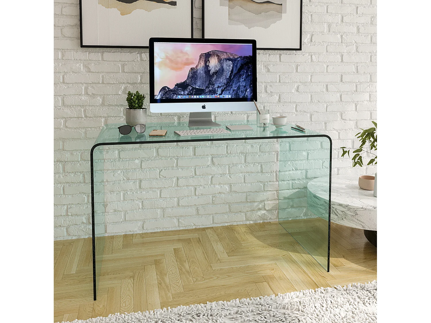 Scrivania Scrittoio da Ufficio Studio Soggiorno in Vetro Curvato Design Curvo Stile Moderno Minimal Chic - Luxury Z-09 - 120 x 74 x 70 cm Trasparente