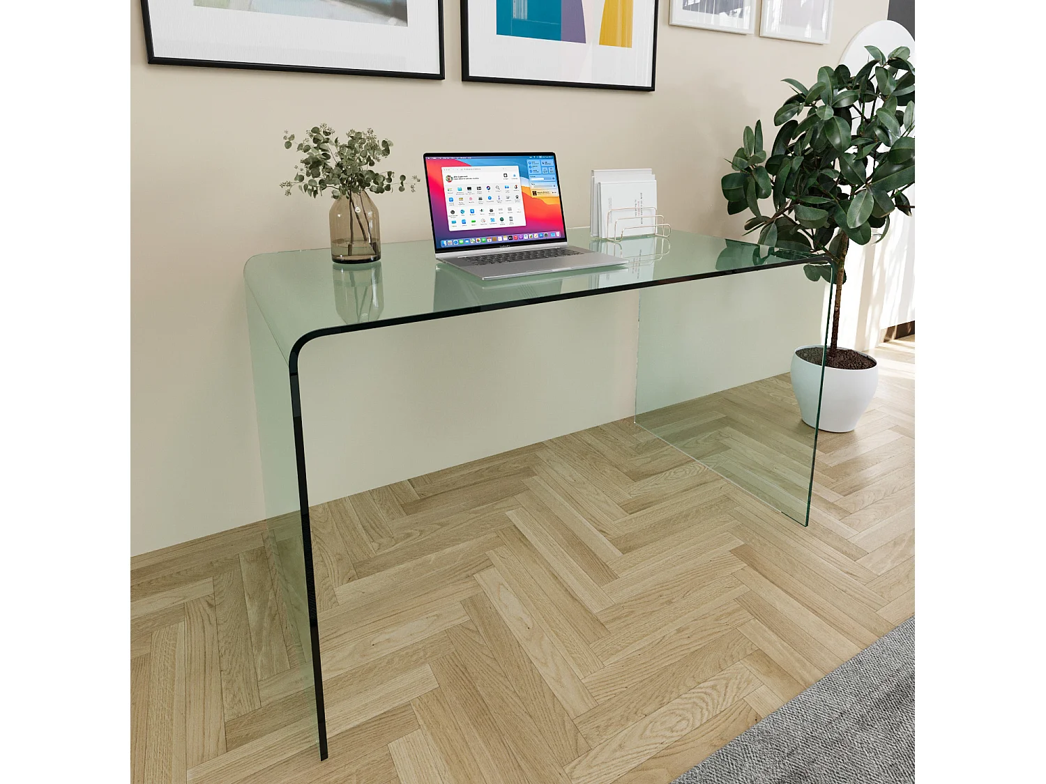 Scrivania Scrittoio da Ufficio Studio Soggiorno in Vetro Curvato Design Curvo Stile Moderno Minimal Chic - Luxury Z-09 - 120 x 74 x 70 cm Trasparente