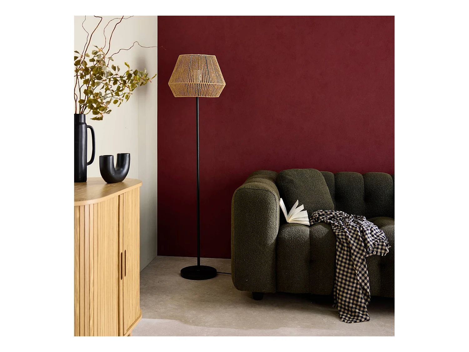 Lampadaire salon effet rotin Gabin naturel H 150cm