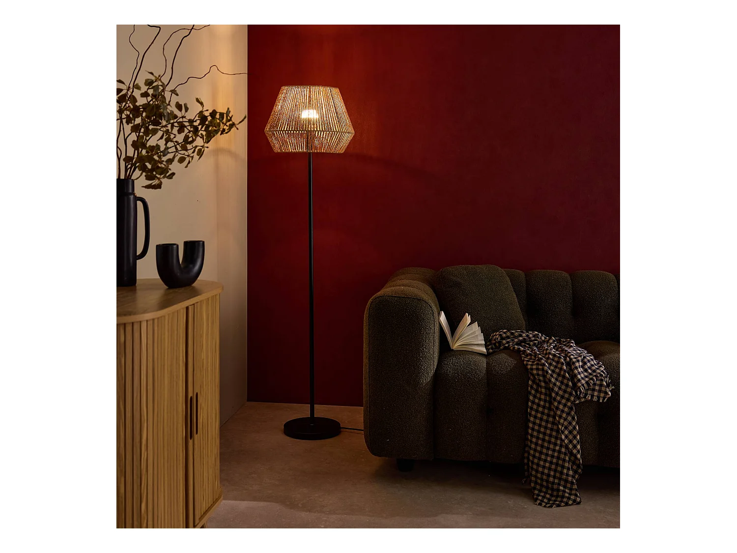 Lampadaire salon effet rotin Gabin naturel H 150cm