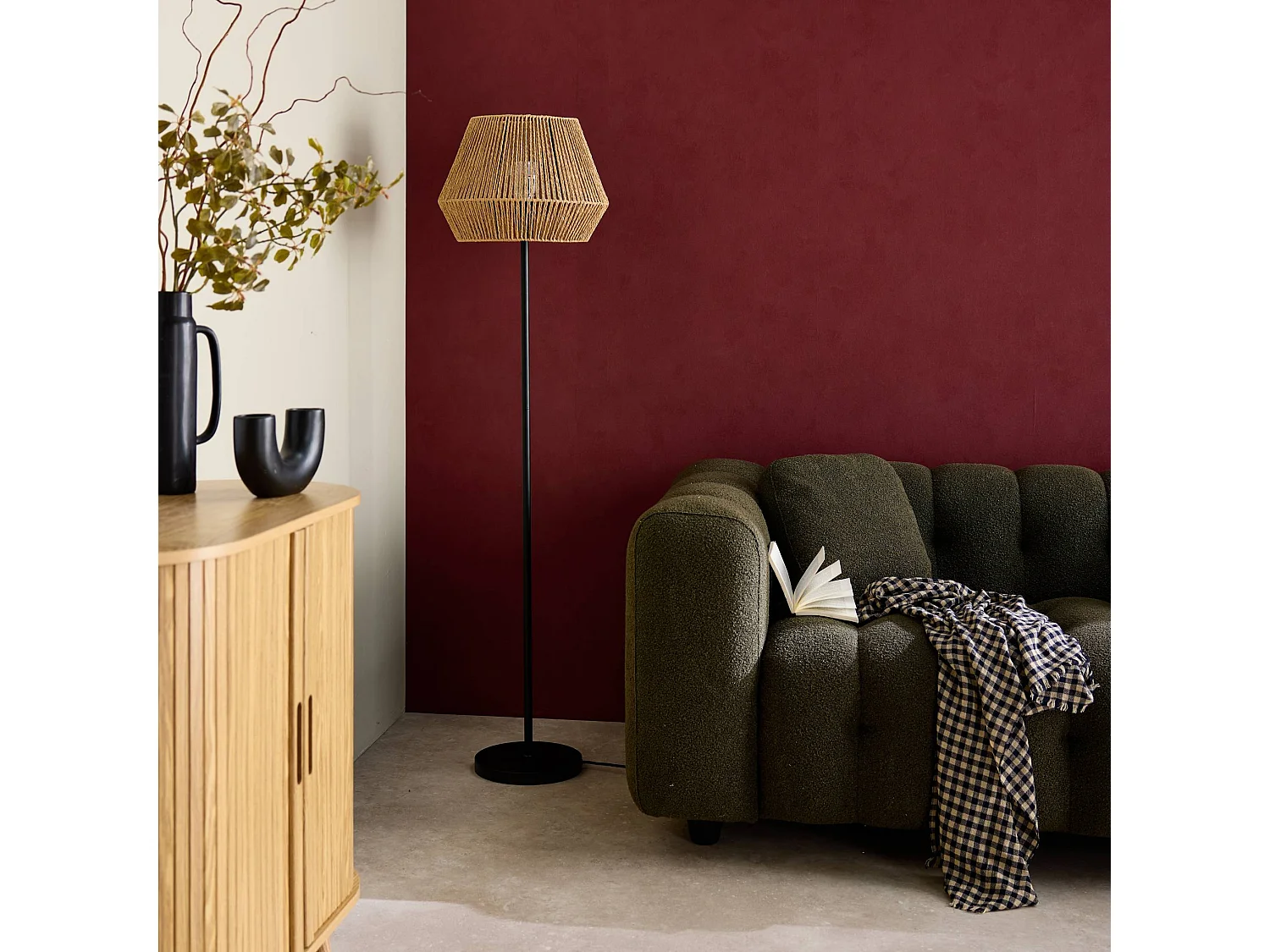 Lámpara de pie interior efecto ratán, 150cm natural