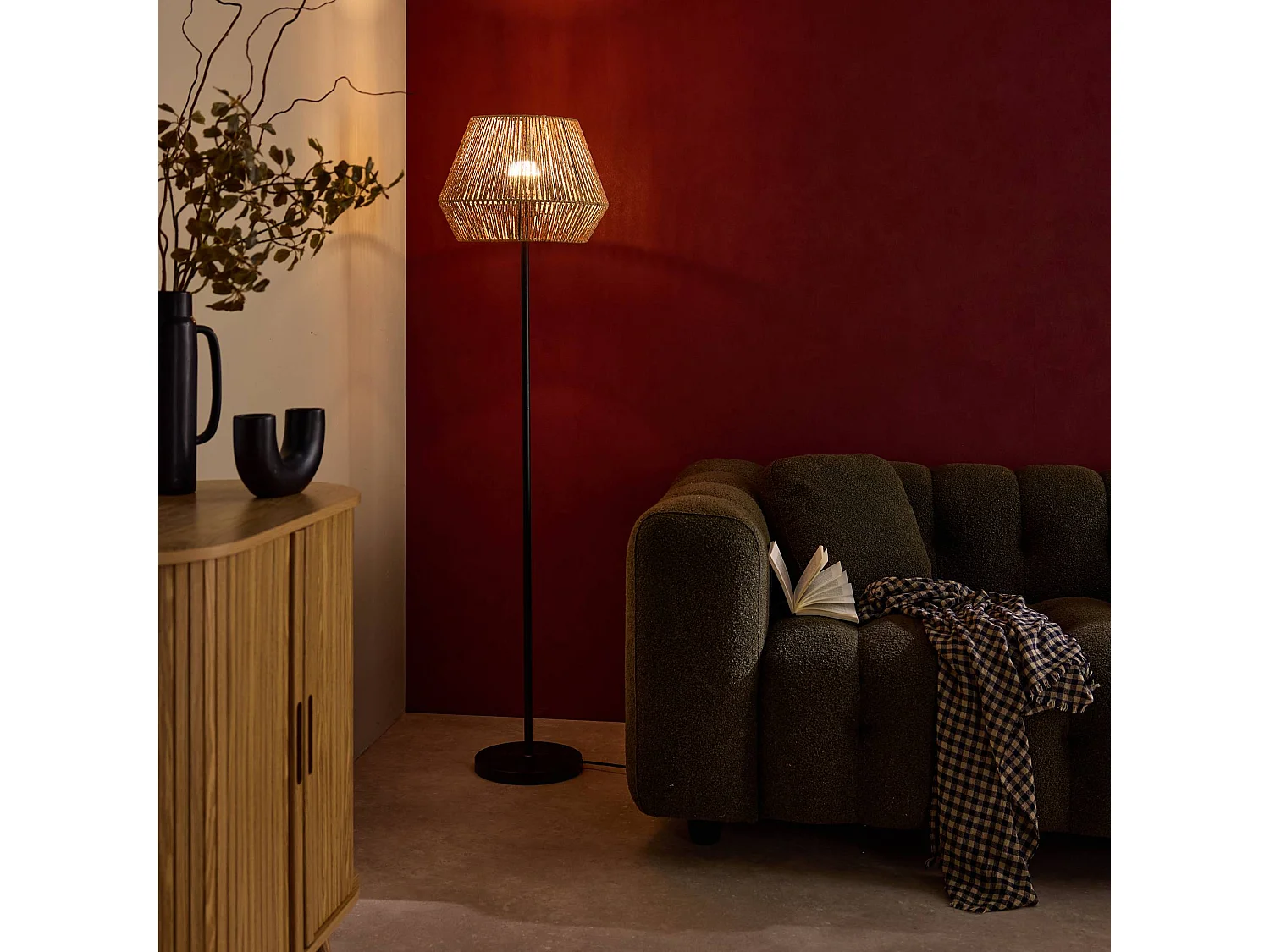 Lámpara de pie interior efecto ratán, 150cm natural