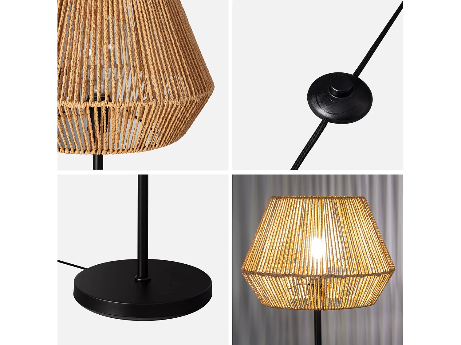 Lámpara de pie interior efecto ratán, 150cm natural