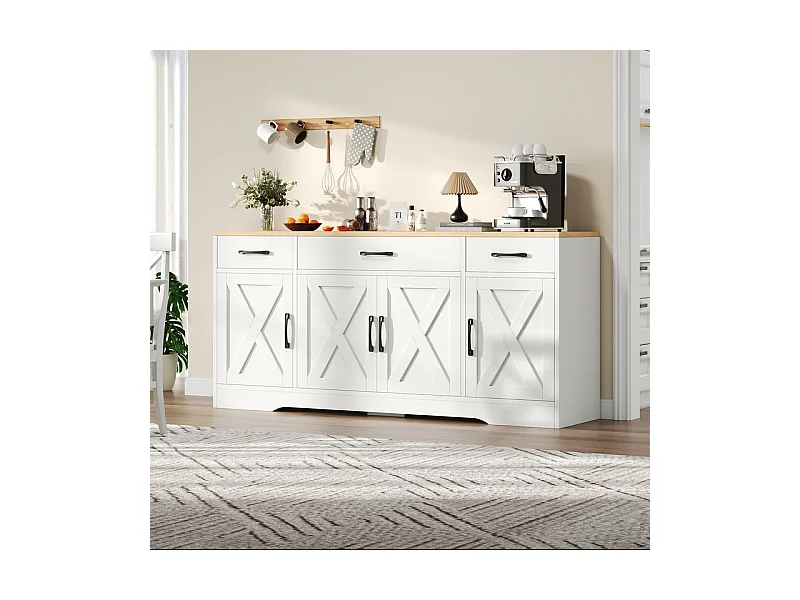 Buffet avec 3 tiroir 4 portes - MDF - Meuble TV - Naturel clair et Blanc - 160x37x75cm