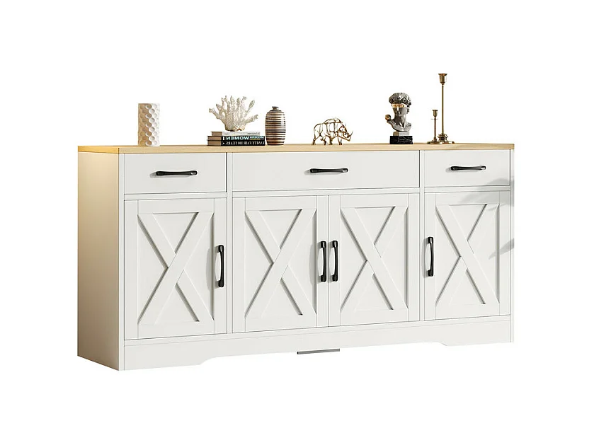 Buffet avec 3 tiroir 4 portes - MDF - Meuble TV - Naturel clair et Blanc - 160x37x75cm