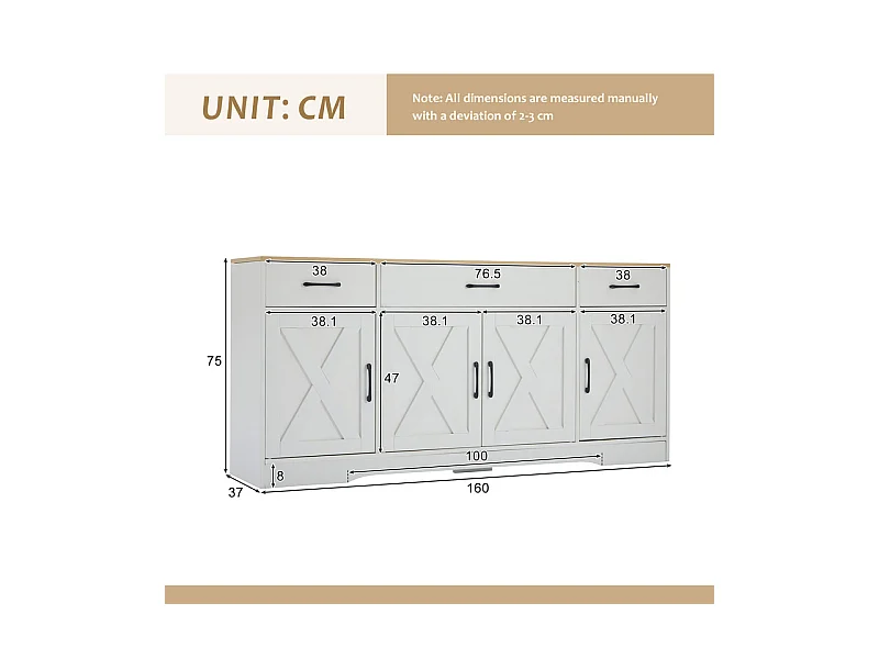 Buffet avec 3 tiroir 4 portes - MDF - Meuble TV - Naturel clair et Blanc - 160x37x75cm
