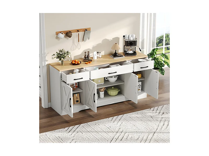 Buffet avec 3 tiroir 4 portes - MDF - Meuble TV - Naturel clair et Blanc - 160x37x75cm