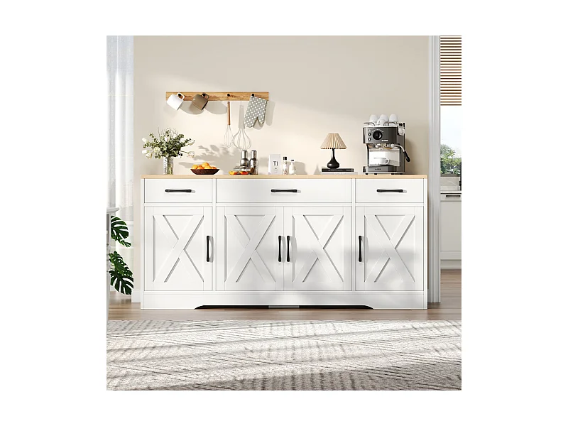 Buffet avec 3 tiroir 4 portes - MDF - Meuble TV - Naturel clair et Blanc - 160x37x75cm