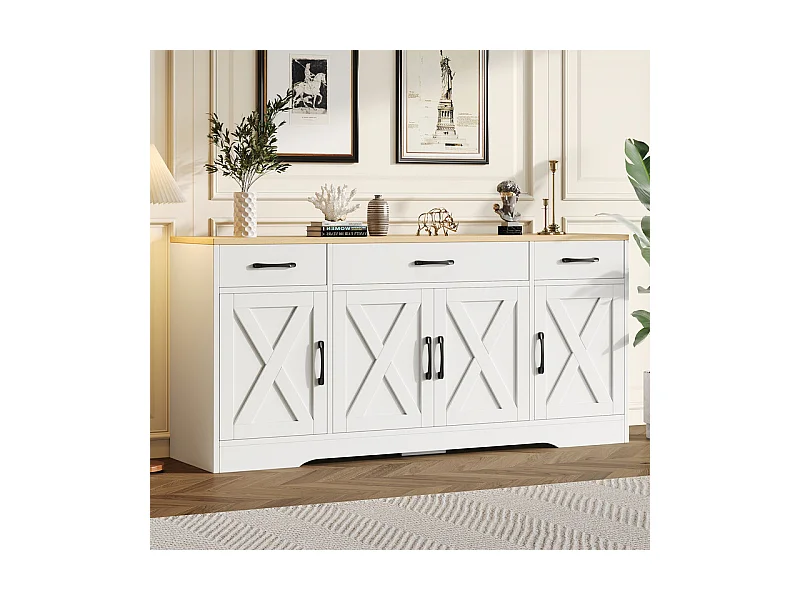 Buffet avec 3 tiroir 4 portes - MDF - Meuble TV - Naturel clair et Blanc - 160x37x75cm