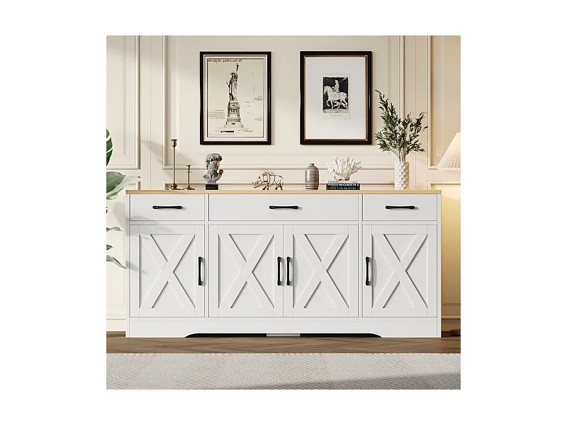 Buffet avec 3 tiroir 4 portes - MDF - Meuble TV - Naturel clair et Blanc - 160x37x75cm