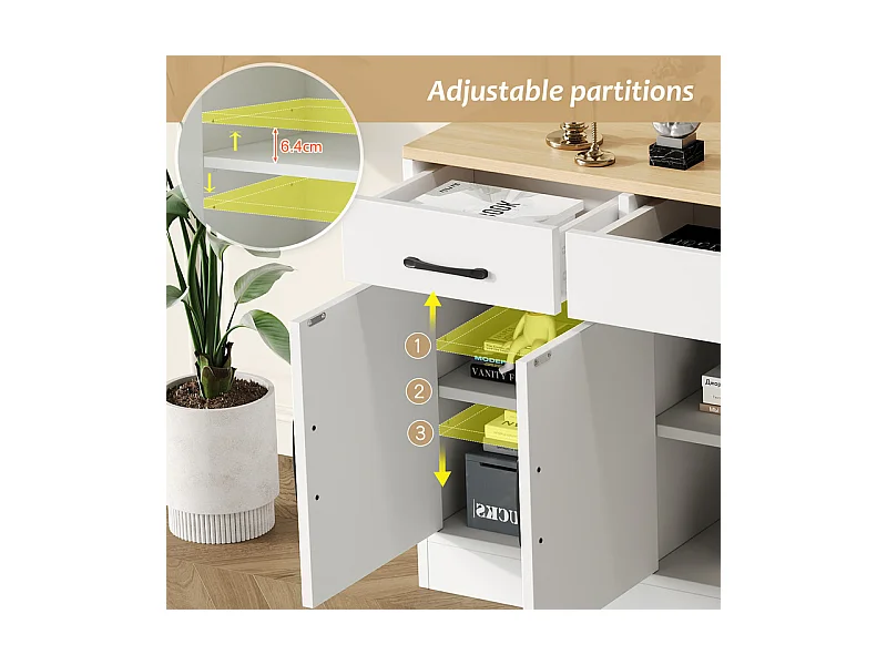 Buffet avec 3 tiroir 4 portes - MDF - Meuble TV - Naturel clair et Blanc - 160x37x75cm